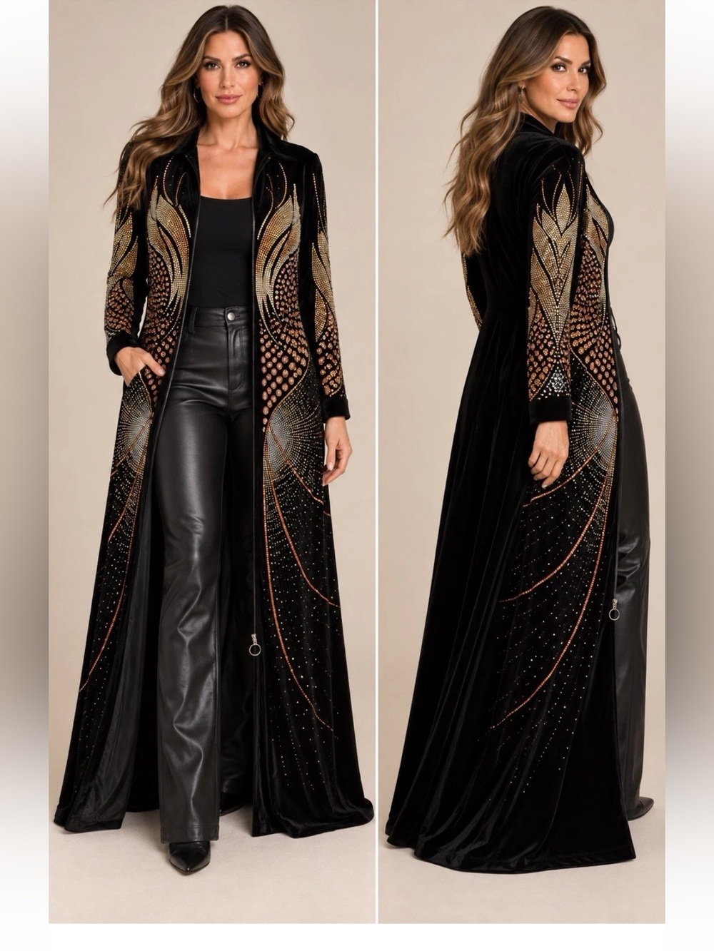Black Velvet Rhinestone Phoenix Wing Maxi Duster Coat Dress IT 44 US 8 M